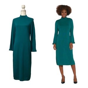 Isaac Mizrahi Teal Green Long Sleeve Mock Neck Midi Dress